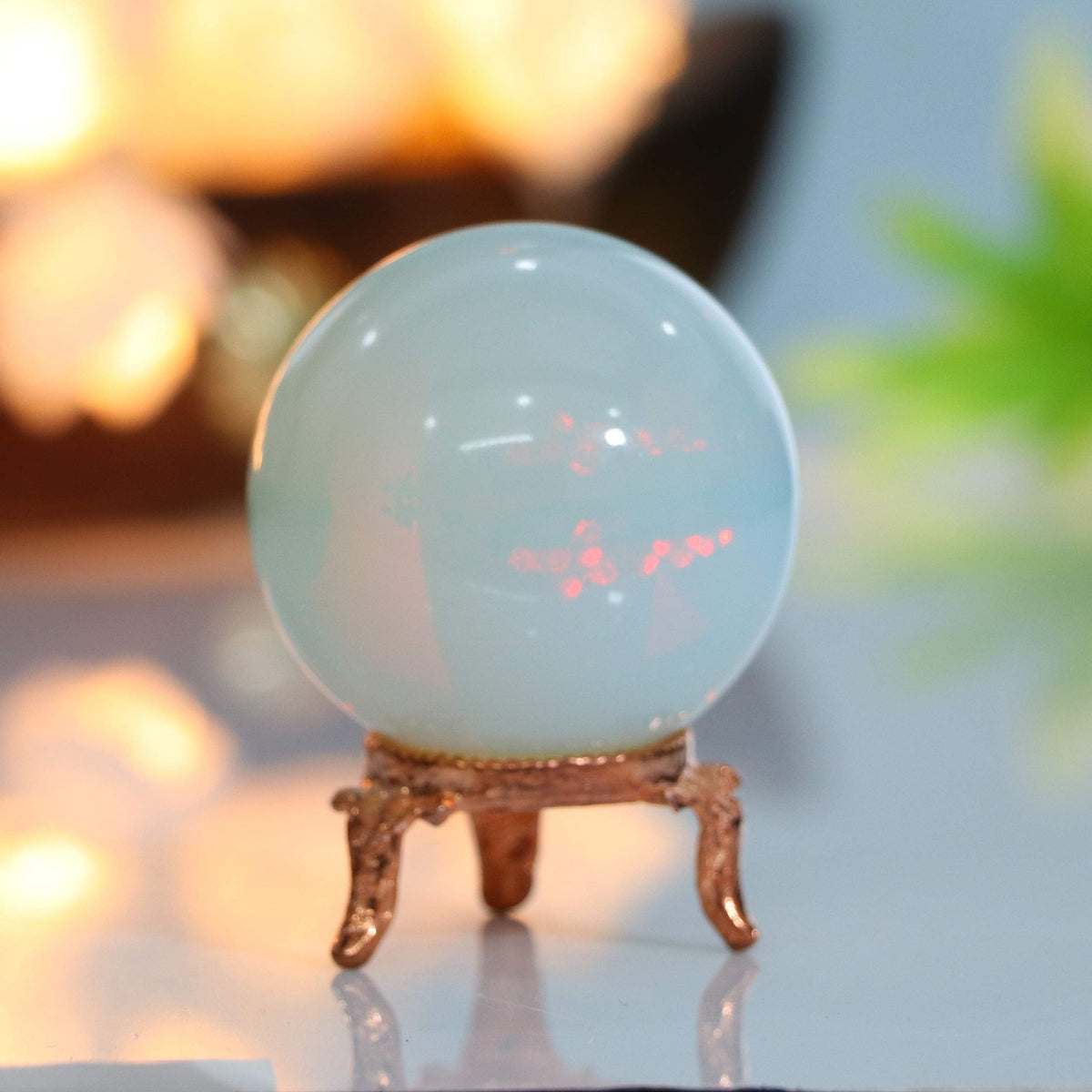 Crocon 45mm Opalite Stone Sphere Ball with Metal Stand 1400+ Carats Gemstone Ball Healing Sphere Sculpture Figurine for Fengshui Divination Home Decoration Photography Crystal Sphere