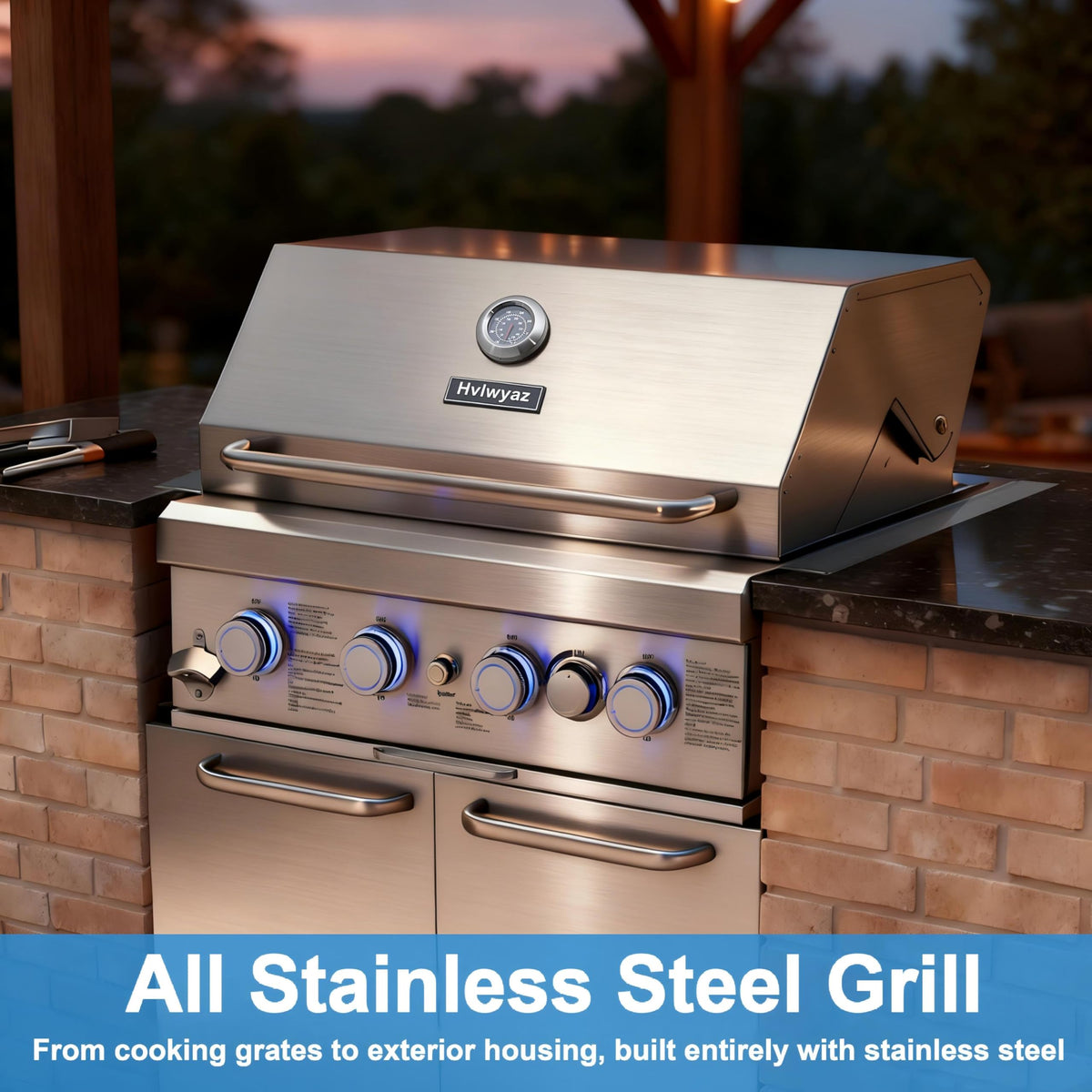 28-inch Built In Gas Grill Outdoor, 4Burner Propane Grill with Rear Burner 48,000BTU, Built-in BBQ Grill Stainless Steel, Charcoal and Propane Gas Dual Fuel, with Rain Cover for Outdoor Kitchen Island