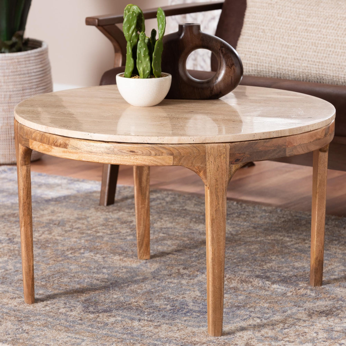 Baxton Studio Prospero Round Travertine Coffee Table - Modern Accent Table with Mango Wood Frame for Living Room or Seating Areas