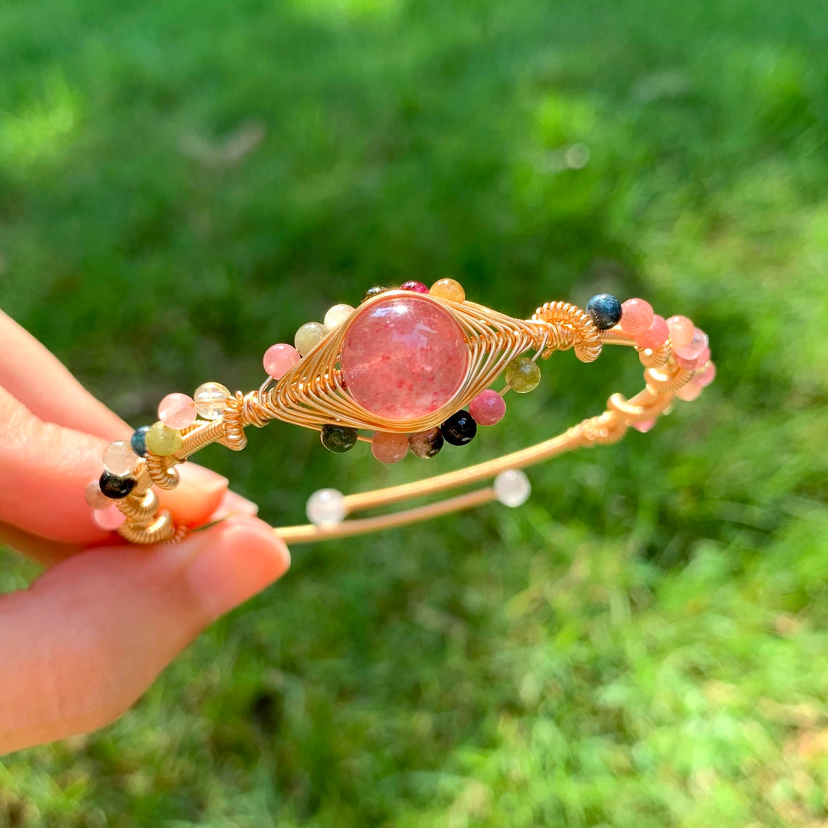 Handmade Genuine Strawberry Rose Quartz& Rainbow Tourmaline Beads 14k Gold Filled Wire Wrapped Bracelet, Birthstone Chakra Healing Gemstone Crystal Adjustable Bangle Cuff Jewelry Gift for Women