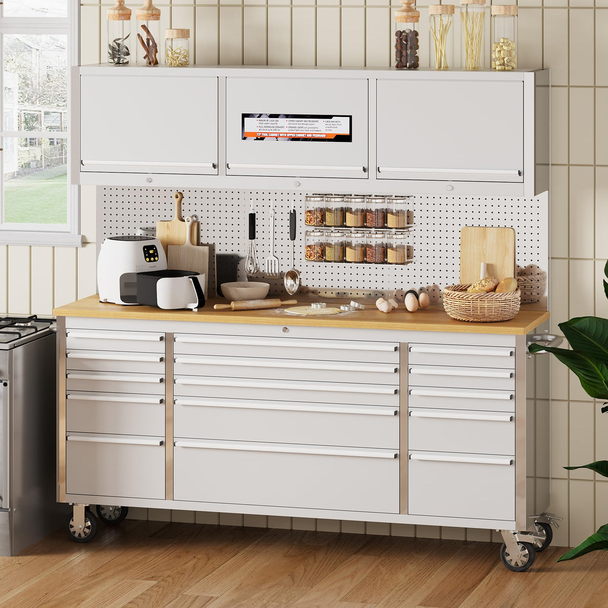 EliteEdge 72" Heavy-Duty Rolling Tool Chest & Workbench | 15-Drawer Mobile Tool Cabinet with 3 Top Lockers, Lockable Wheels & Key Lock | for Professional Garage & Workshop Storage