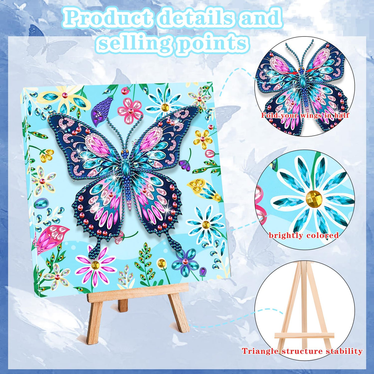 Arts and Crafts for Age 8-12, Framed Canvas Diamond Art Kits for Adults, Butterfly Diamond Art with Wooden Triangle Easel, Diamond Painting for Beginners, Birthday Gifts for Women, Gifts for Girls 6-8