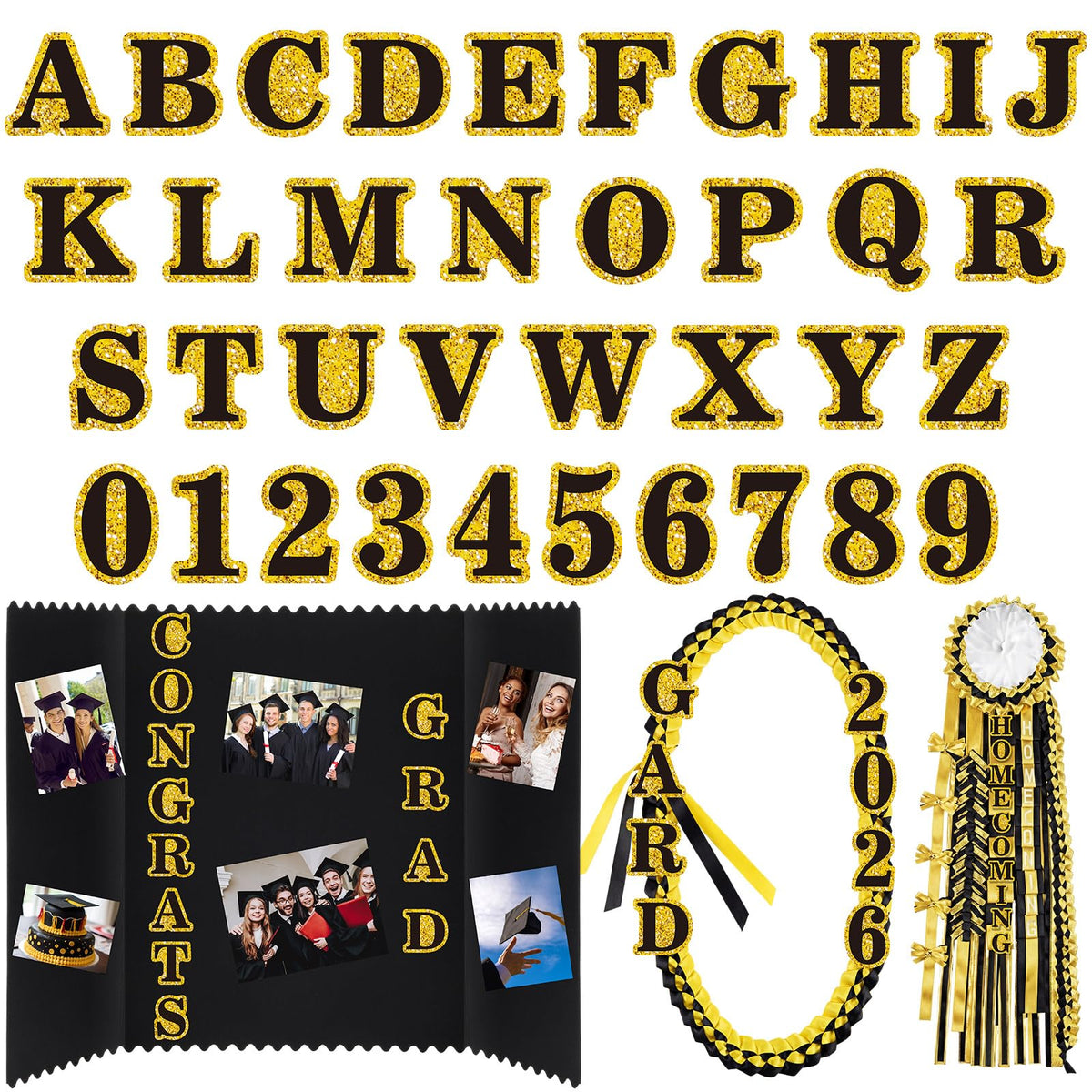 FunooFuno 72 Pcs Glitter 2026 Graduation Letters Numbers Cardstock Shiny Crafts Alphabet with Adhesive Dots for Graduation Trifold Photo Board Grad Leis Homecoming Mums DIY Supplies(Black Gold)