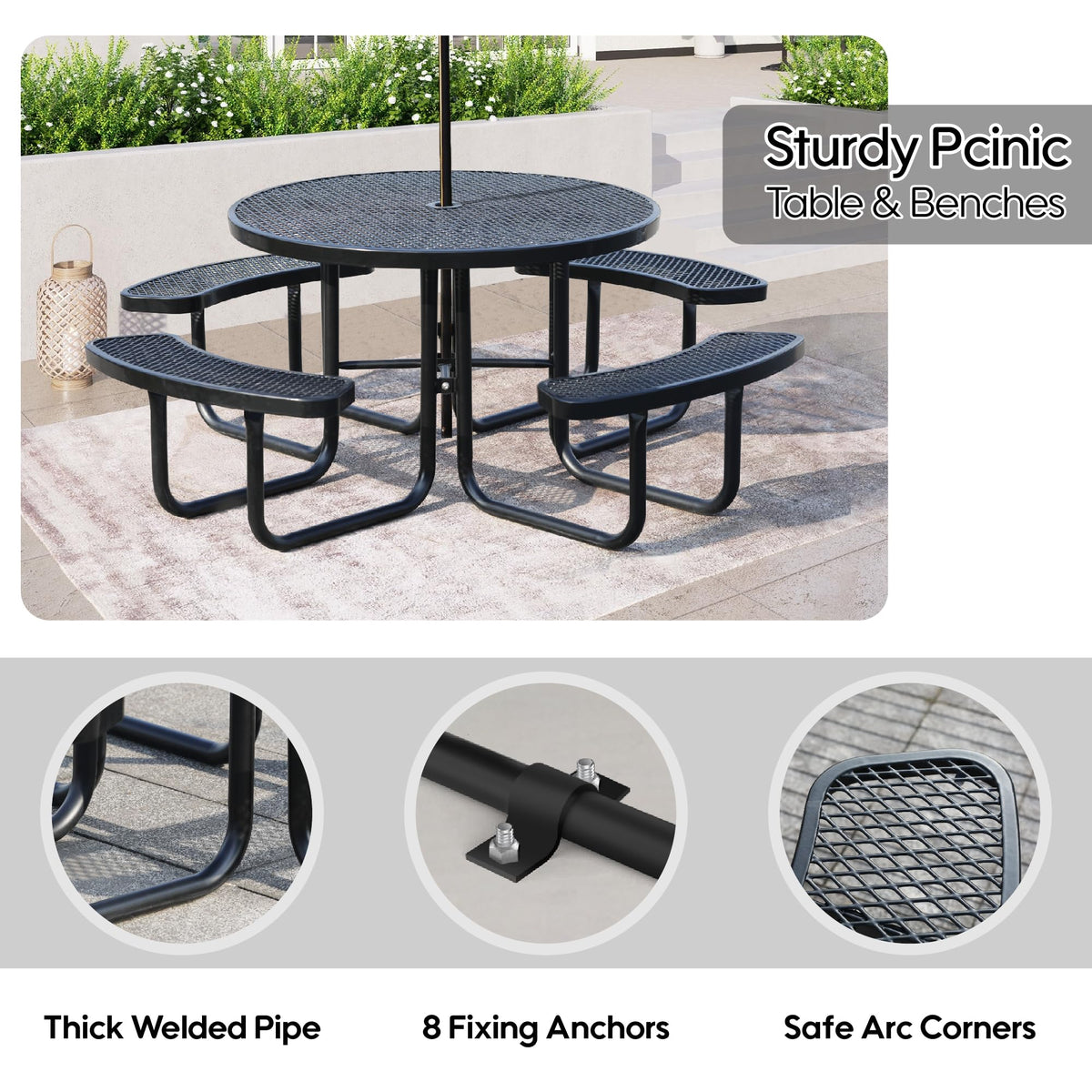 Sunnibety 8-Person Picnic Tables for Outdoors, Industrial 46" Expanded Metal Round Picnic Table with 4 Benches & Umbrella Hole, Outside Table and Bench Set for Park, Garden, Backyard, Patio, Black