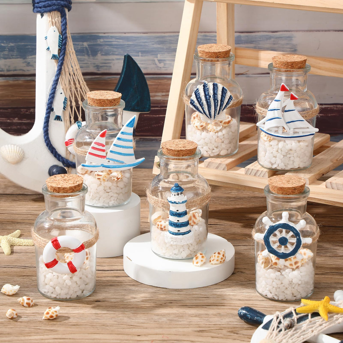 Gandeer 6 Pack Beach Glass Bottles with Cork Honeymoon Sand Jar White Sand Rocks Natural Sea Shells for Coastal Beach Room Decor Home Tabletop Summer Decorations Bridal Shower Gifts