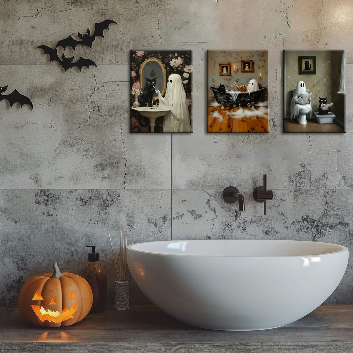 Halloween Ghost Bathroom Canvas Wall Art Set of 3, Funny Horror Ghost and Cute Black Cat in Bathtub Pictures Wall Decor, Gothic Dark Academia Paintings Prints for Toilet Dorm 16x24 inch Framed