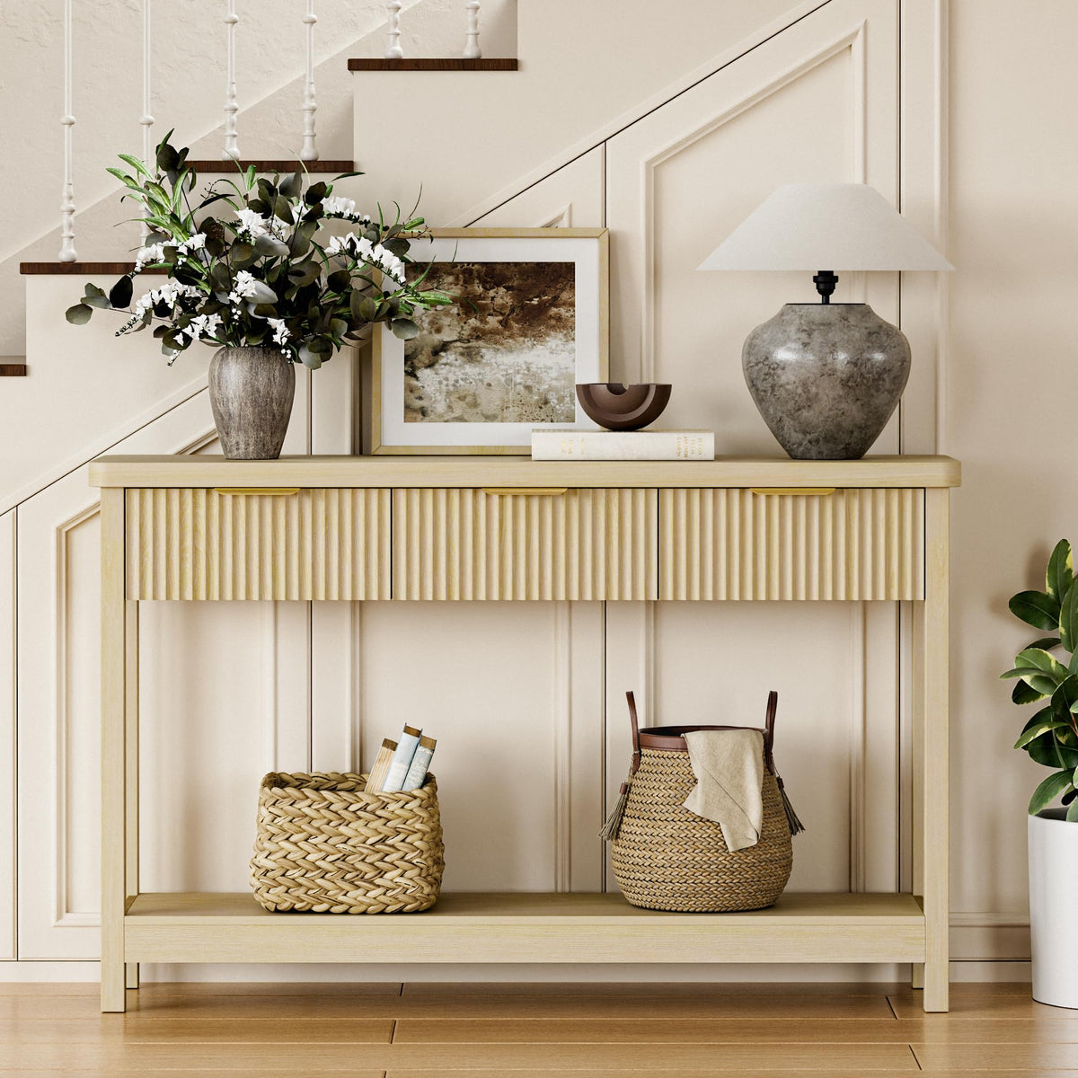 Lulive 51" Fluted Console Table for Entryway, Entryway Table with 3 Wooden Drawers, Farmhouse Behind Sofa Table for Living Room, Hallway, Couch, Foyer