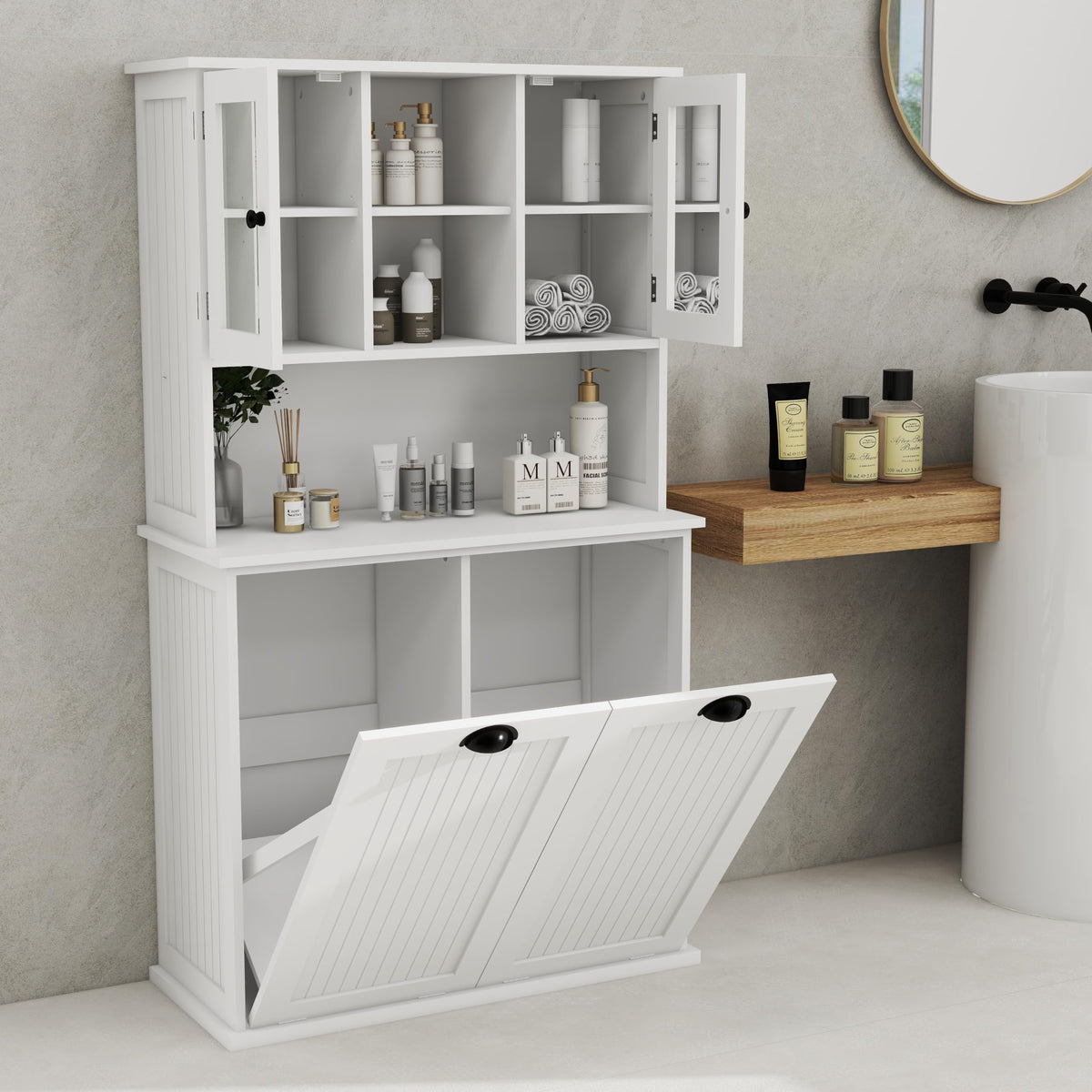 Knocbel Tilt-Out Laundry Sorter with 2 Removable Bags and Adjustable Shelves, Tall Bathroom Floor Cabinet Laundry Hamper (White 59")