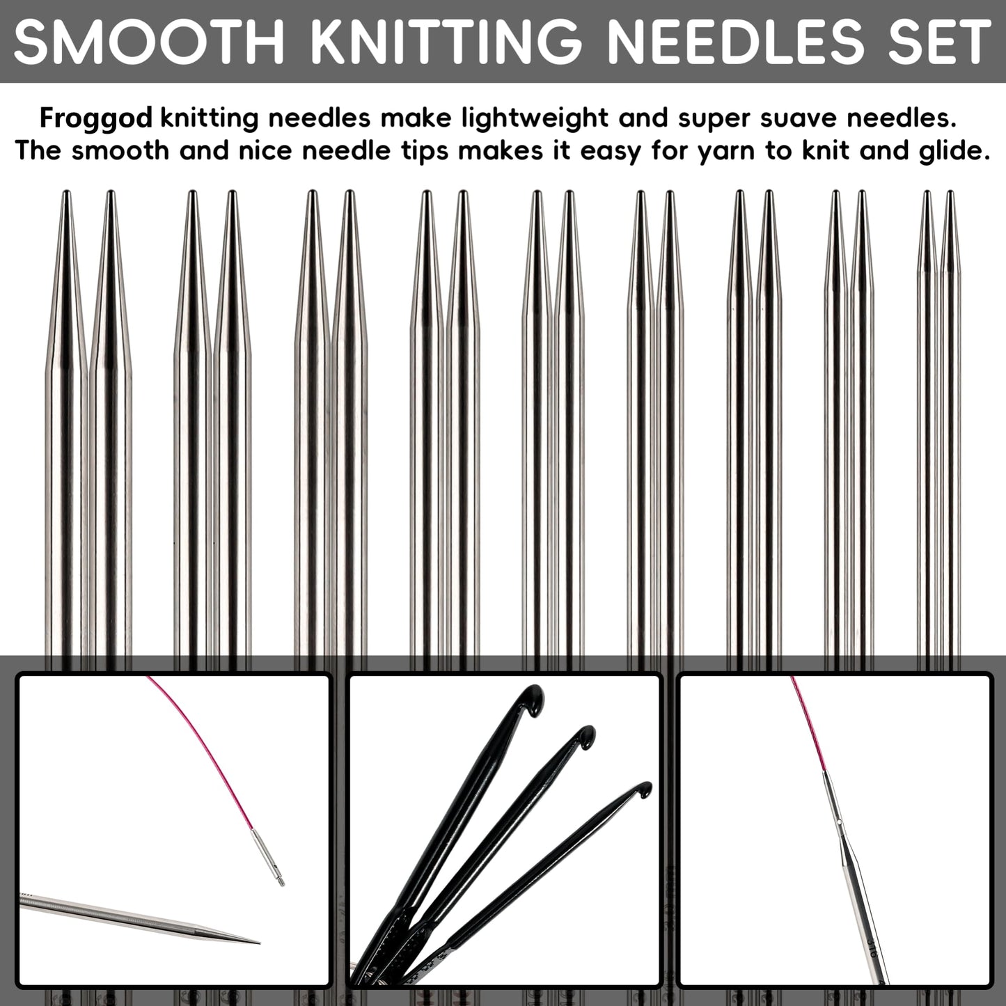 Froggod 5-Inch Stainless Steel Lace Interchangeable Circular Knitting Needle Set, Sizes US 0, 1, 2, 3, 4, 5, 6, 7, 8 Interchangeable Knitting Needles Lace-Tip with 4 Assorted Cables with Project Bag