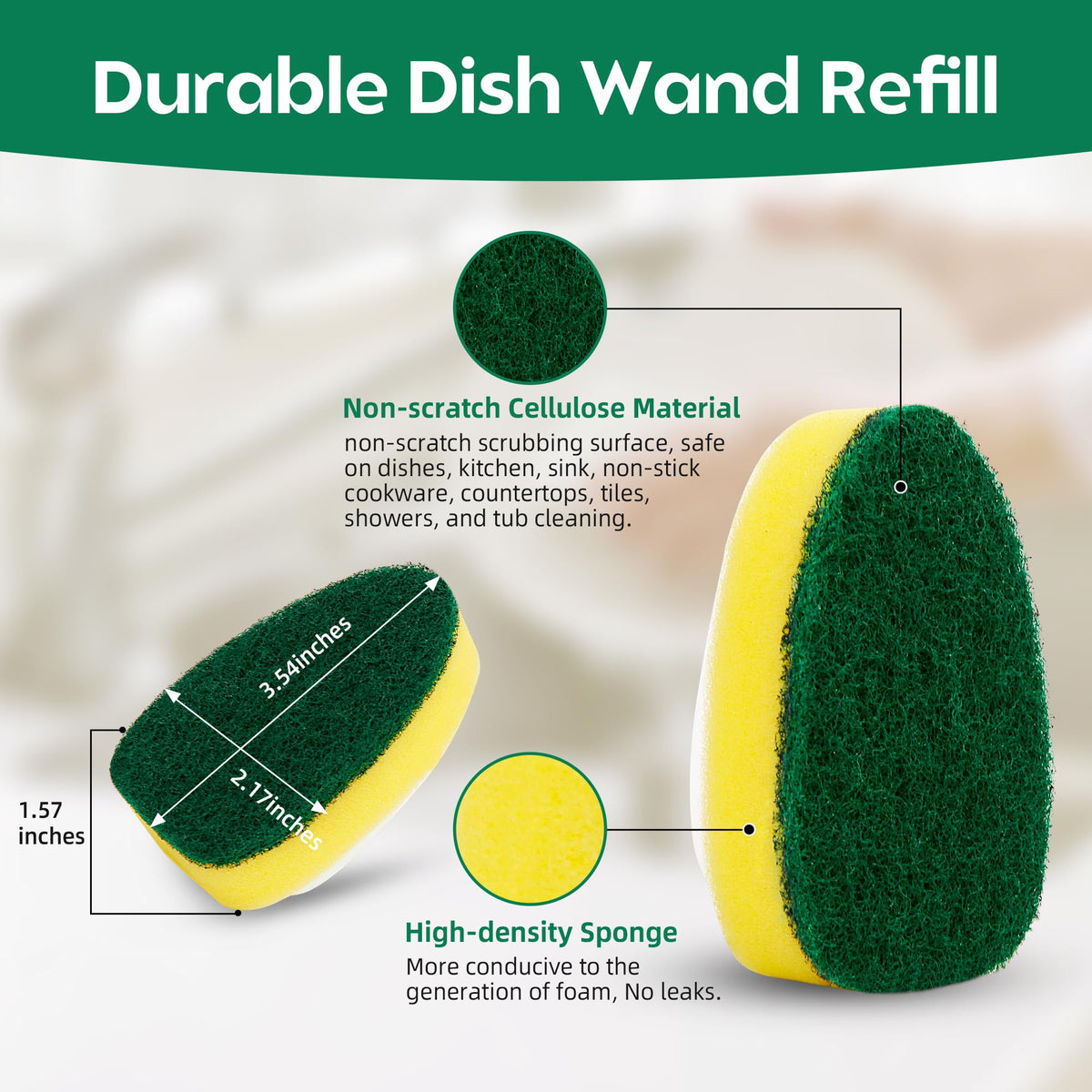 Non-Scratch Dish Wand Sponge Refills, Zero-Scratch Replacement Heads for Dish Wand, Scratch-Free Dishwand Refills, Non-Scratching Scrubber Pads for Soap Dispensing Handle, Safe for Nonstick Cookware