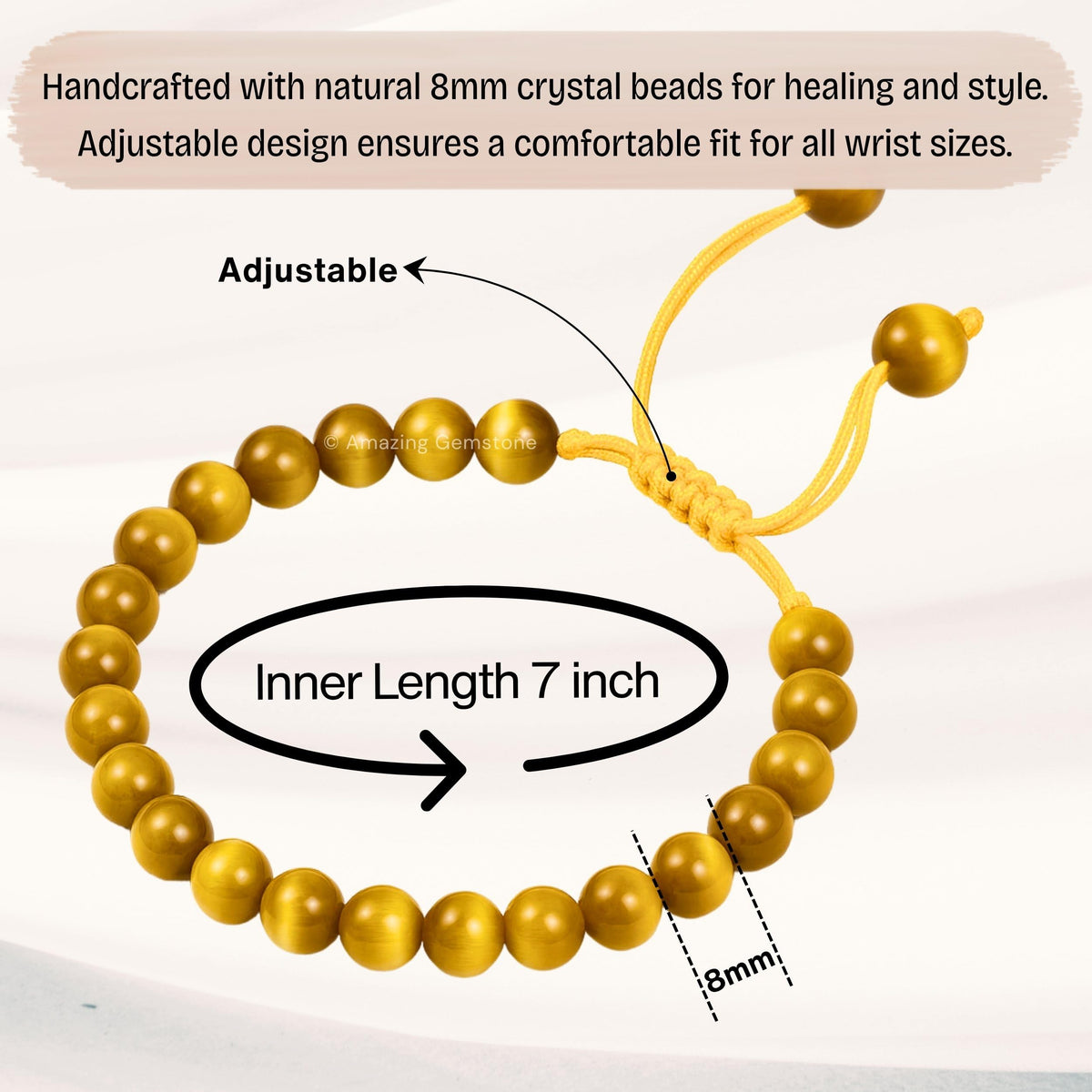 Amazing Gemstone Yellow Cat's Eye Bracelet for Women Men's Gifts - Protection Healing Crystal Bracelet - 8mm Gemstone Beaded Adjustable Bracelet