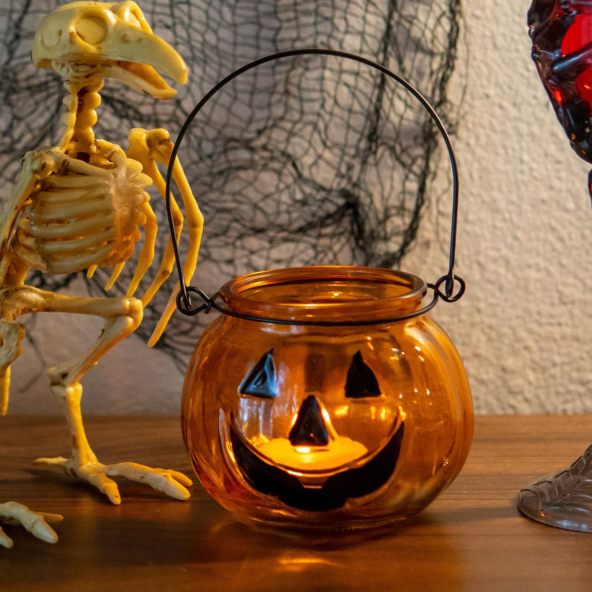 Halloween Candle Holders Set of 4, SHMILMH Tealight Votive Candle Holders with Grimace, Metal Hanging Pumpkin Jack O Lanterns Decorative Halloween Table Centerpiece Orange