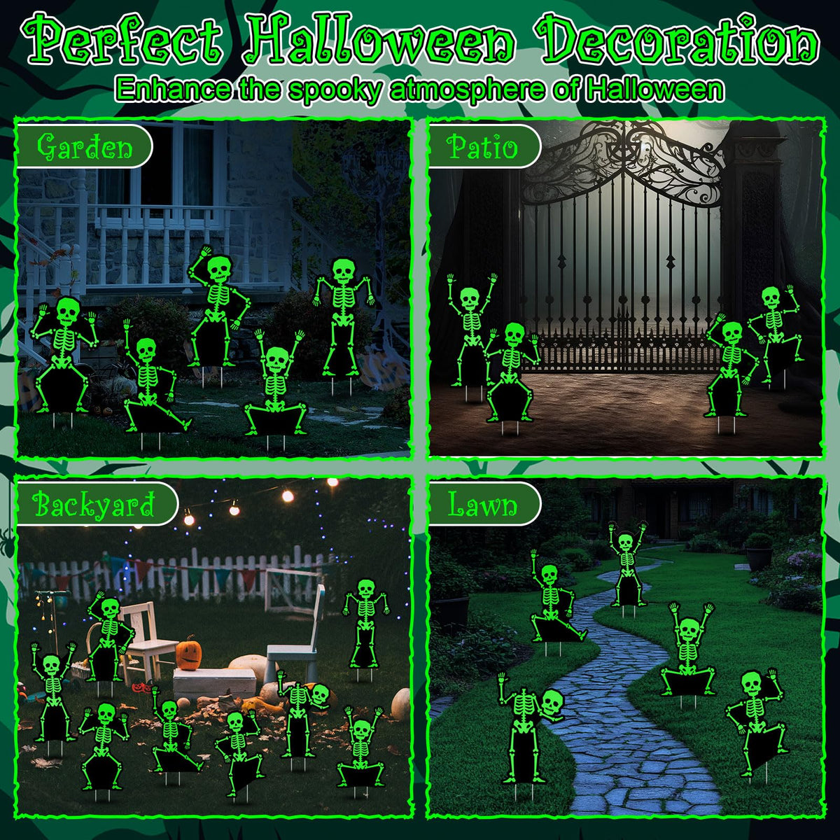 Jetec 8 Pcs Halloween Outdoor Decorations Glow in The Dark Skeleton with Stakes Luminous Halloween Graveyard Decoration Funny Skeleton Yard Signs for Outdoor Lawn Yard Garden