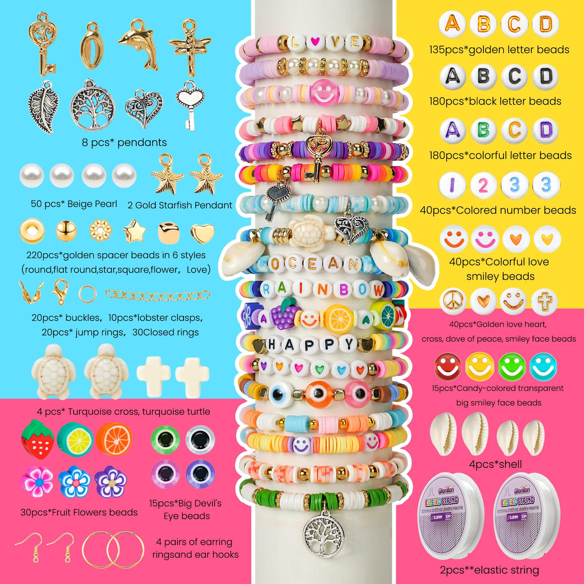 Gionlion 30,000 Pcs Clay Beads Bracelet Making Kit, 168 Colors 8 Boxes Flat Preppy Beads for Friendship Bracelets, Jewelry Kit with Pendant Charms Elastic String Crafts Arts Crafts Gifts