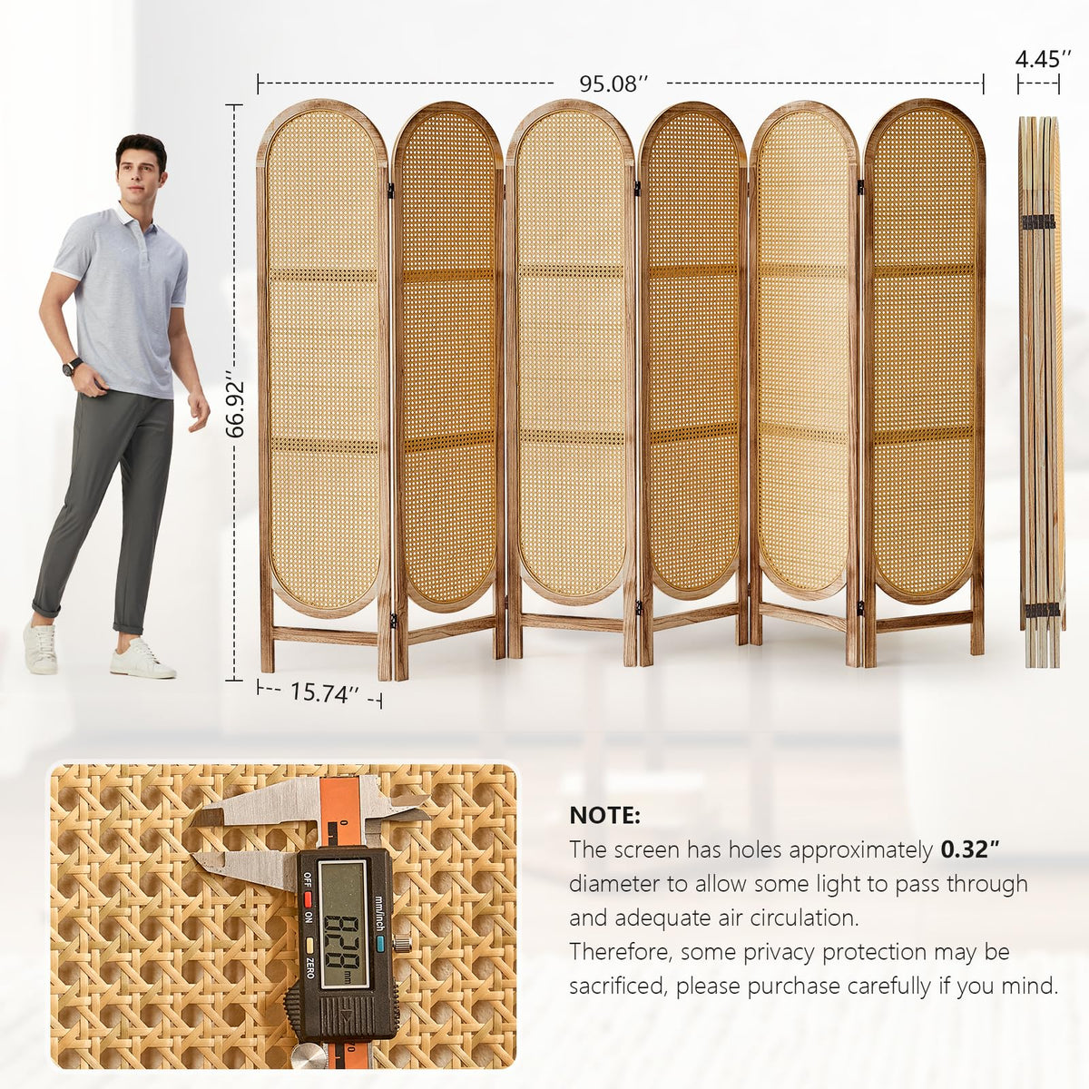 Asnefeli 6 Panels Room Divider, Foldable Wooden Room Divider, Individual Privacy Screen Made of Hand-Woven Rattan, Portable Wall Divider for Home Office Bedroom Bathroom Dressing Room (Natural)