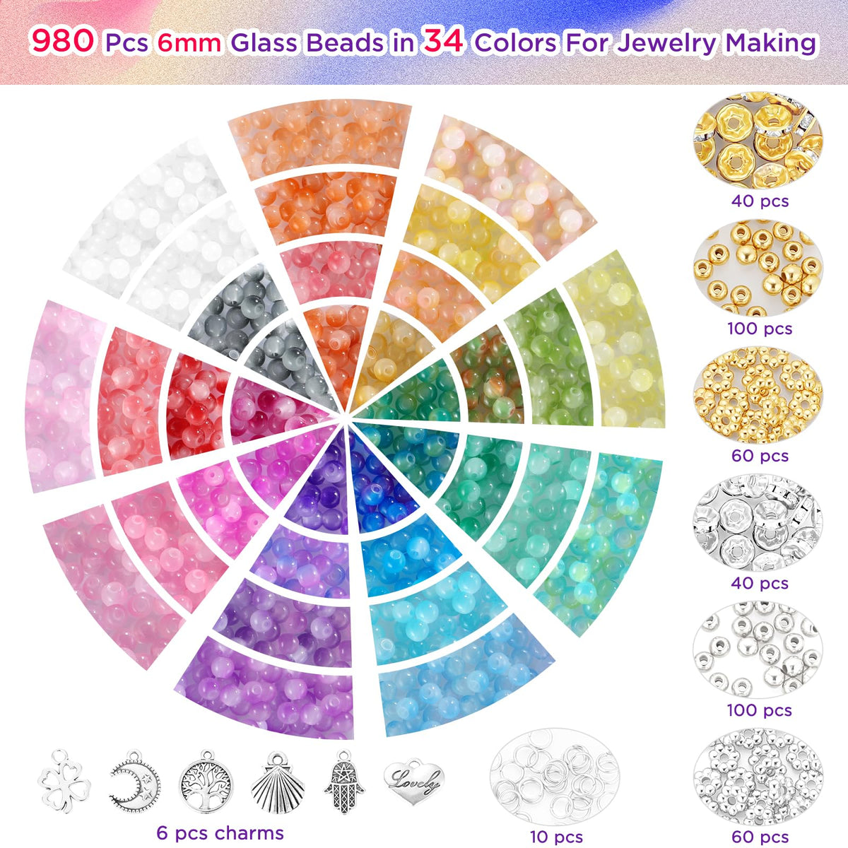 Funtopia 6mm Glass Beads Bracelet Making Kit, 1396pcs Gradient Glass Beads for Bracelets, 34 Colors Round Crystal Beads for Bracelets DIY Crafts with Spacer Beads and Charms