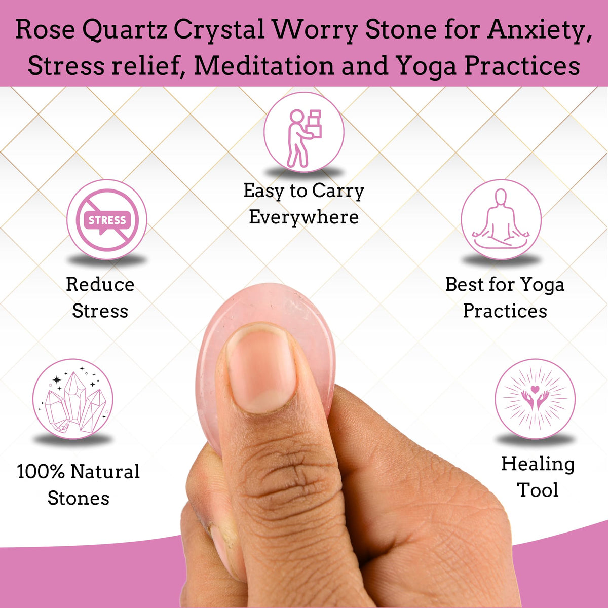 Anaya Agate Rose Quartz Worry Stones Certified Crystal Thumb Worry Stone for Anguish, Relaxing and Soothing Balance Stones for Meditation, Stress Relief Crystals and Healing Stones for Men, Women