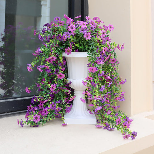 Obmnor Artificial Hanging Flowers for Outdoors, 4 Pack Fake Hanging Plant for Spring Summer Decor, UV Resistant Faux Silk Flower for Planter Front Door Porch Patio Yard Garden (Double Purple)