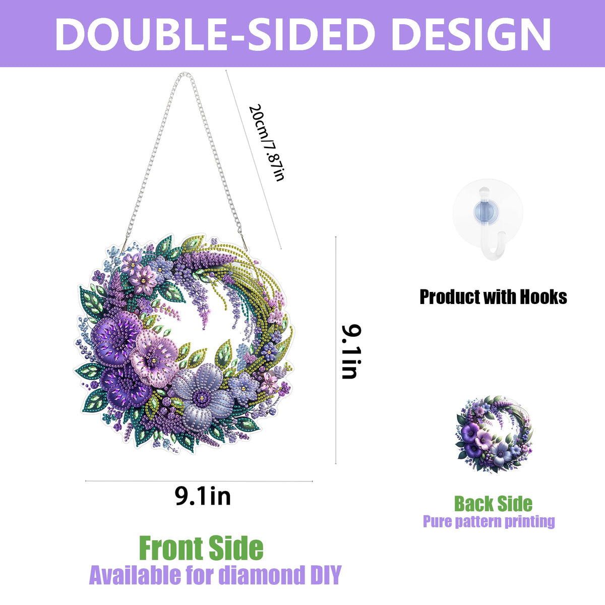 Eiflow Spring Diamond Art Hanging Kit for Adults, DIY Diamonds Painting Door Hanging Board Kit, Special Crystal Diamond Art Painting Pendant Ornament (Flower Wreath)