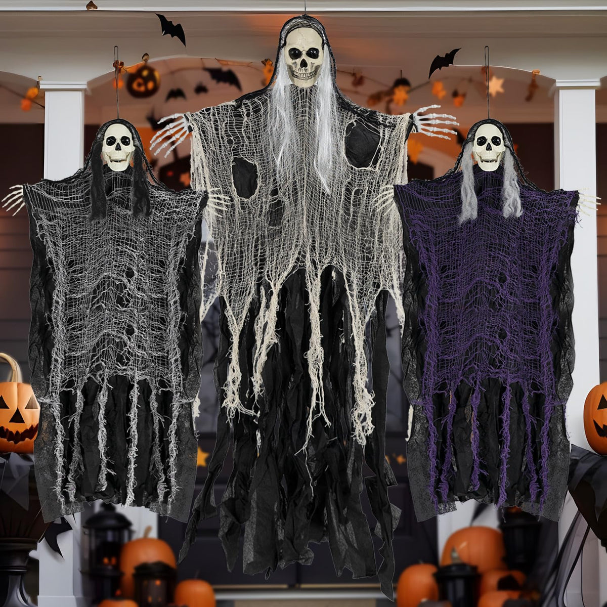 QPMR Halloween Decorations Outdoor/Indoor,Set of 3 Scary Hanging Ghosts,Halloween Grim Reaper Skeleton, Scary Party Decorations,Haunted House Decor for Yard/Lawn/Garden.