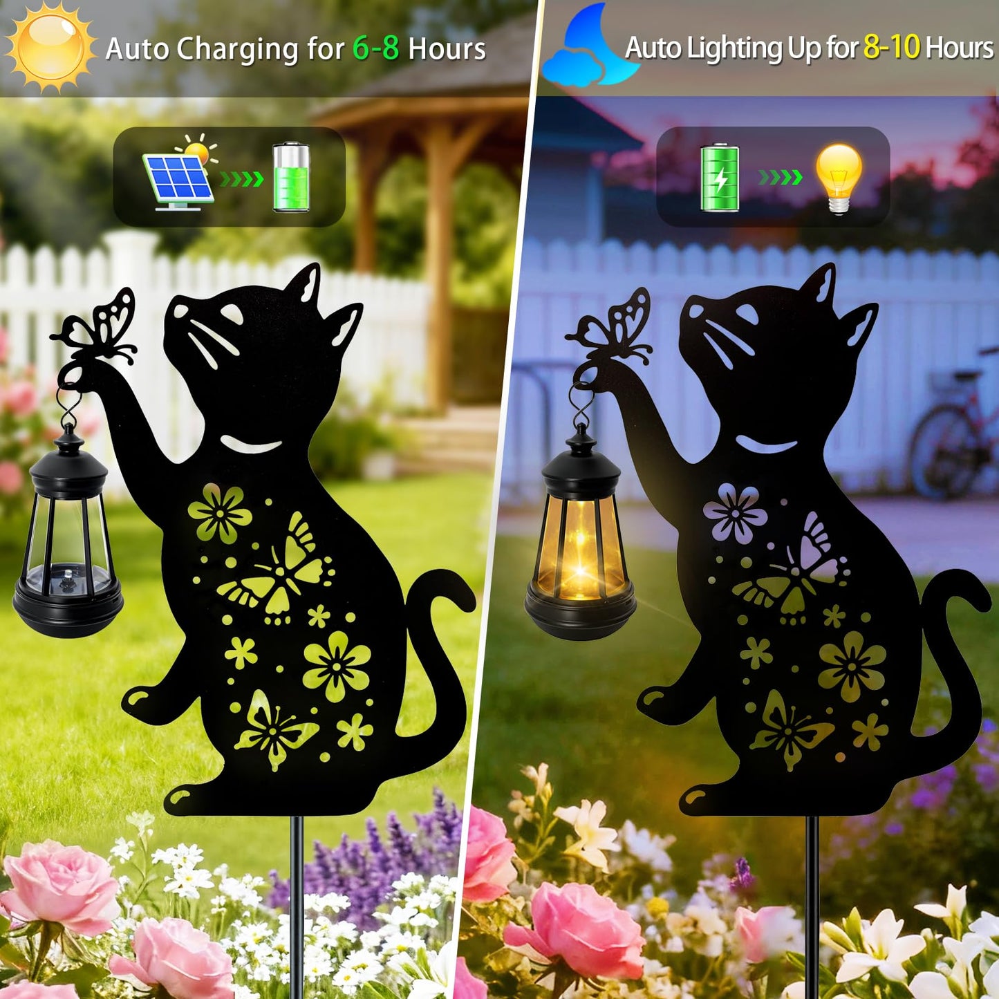 Cat Solar Lights Outdoor, 2 Pack Black Cat Hanging Lantern Waterproof, Cat Lover Gifts for Women Mom Birthday Mother's Day, Metal Garden Statue Yard Decor Patio Pathway Backyard Lawn Ornaments