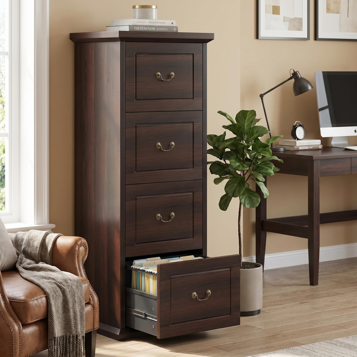 Tribesigns Wooden 4-Drawer File Cabinet with Adjustable Hanging Bar,Vertical File Cabinet for Letter/Legal/A4/F4 Size,Tall Filing Cabinet for Home Office,Walnut