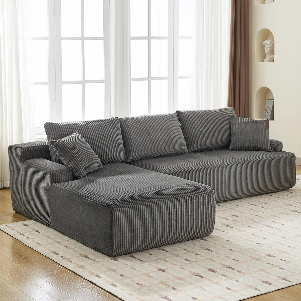 Cloud Boneless L-Shape Couch 108" Modern Sectional Comfy No Assembly Required Sleeper Modular Sofa with Corduroy Fabric Deep Seat Loveseat + Chaise Lounge Chair for Living Room