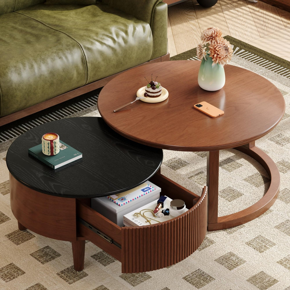 Merax 31.5'' Vintage Round Nesting Wood Coffee Table Set, 2-Tier with Drawer & Storage, Two-Tone Finish Fluted Design for Living Room Apartment, Walnut+Black