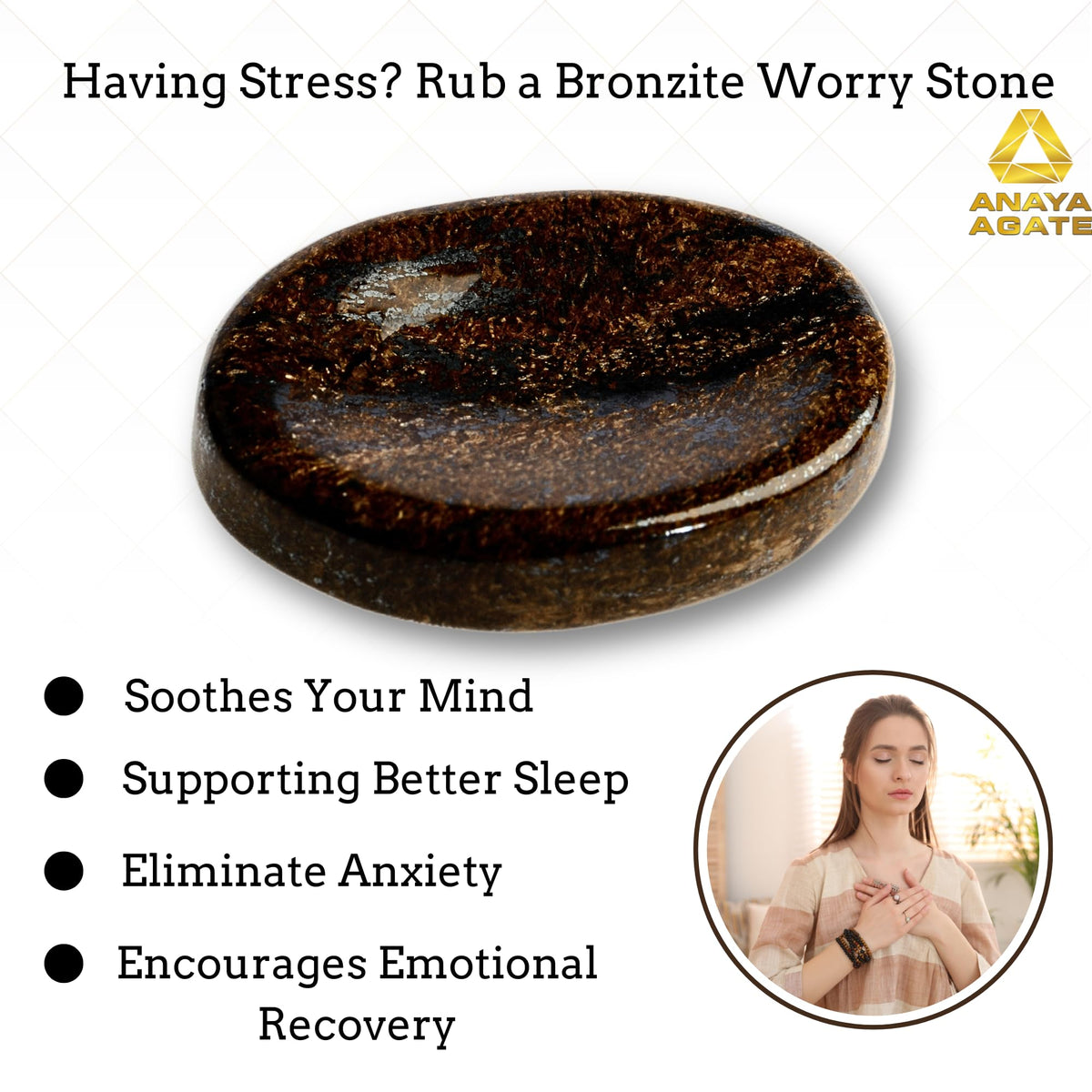 Anaya Agate Bronzite Worry Stones Certified Crystal Thumb Worry Stone for Anguish, Relaxing and Soothing Balance Stones for Meditation, Stress Relief Crystals and Healing Stones for Men Women
