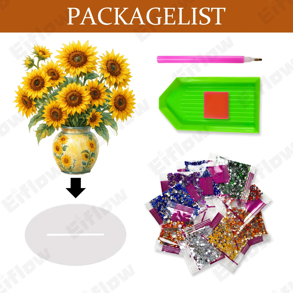 Eiflow Desktop Diamond Art Kit for Adults Vase Sunflower, DIY Tabletop Diamond Art Painting with Stand, Acrylic Stand Up Gem Painting Board Kit