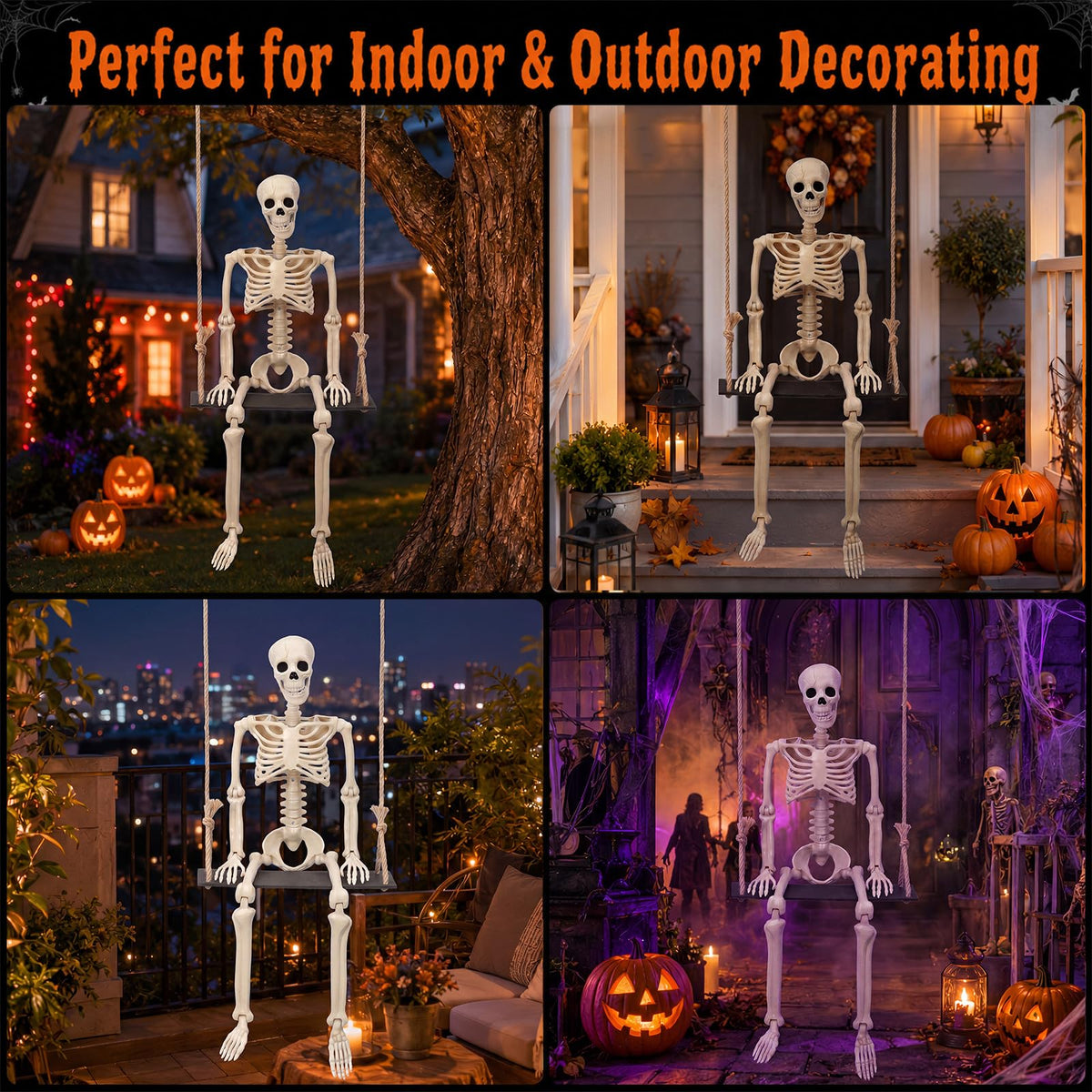 Sintuff Halloween Swinging Skeleton on Swing, Outdoor Swinging Ghost Decor, 35.4" Hanging Skeleton with 13.8" Wooden Seat for Yard, Porch, Tree, Spooky Halloween Decorations