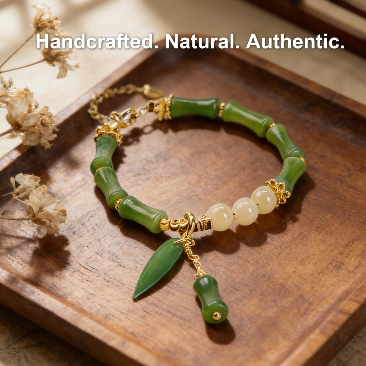 Natural Jade Beaded Bracelet for Women, Handmade Green Gemstone Adjustable Bracelet with Bamboo Leaf Charm, Minimalist Lucky Jade Jewelry, Handmade Wrist Bracelet Gift for Her, Includes Gift Box