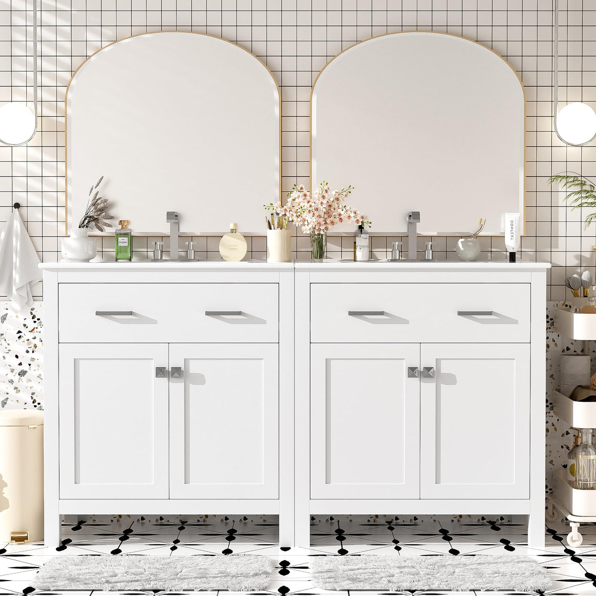 Favfurish 60" Double Bathroom Vanity,Free Standing Double Basin Vanity Set w/ 2 Ceramic Sinks,Adjustable Shelf & Soft Close Doors,Solid Wood Frame Storage Cabinet w/Flip Drawer,for Bathroom,White