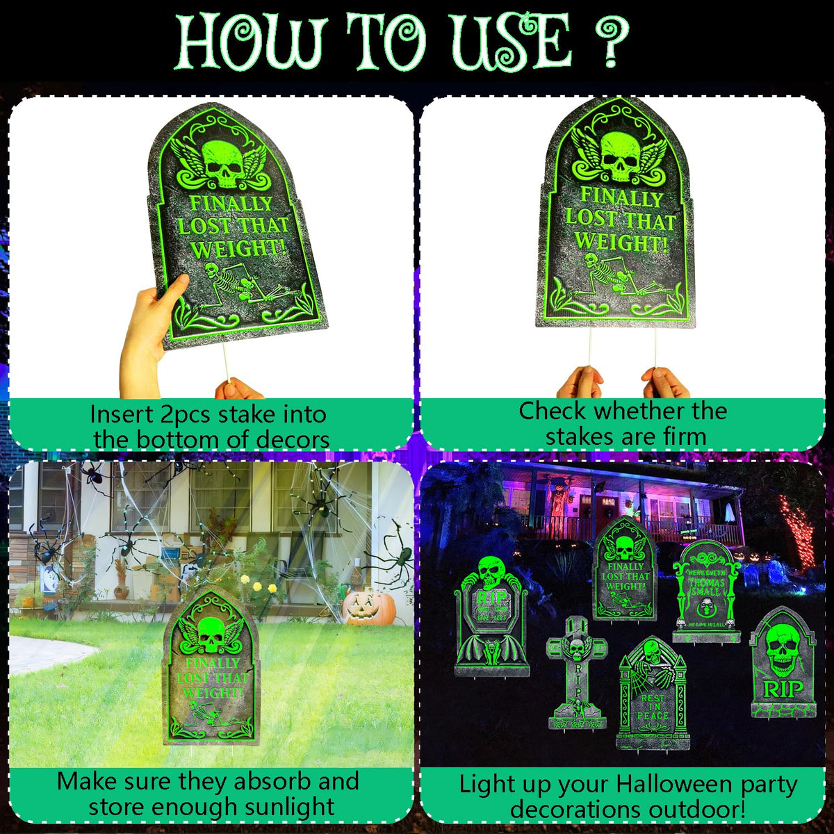 6 Pack Halloween Tombstones Graveyard Decorations, Halloween Yard Sign Glow in The Dark, 17”×10” Waterproof Outdoor Light Up Tombstones, Spooky Light Up Gravestones for Yard, Home, Party, Scary Decor