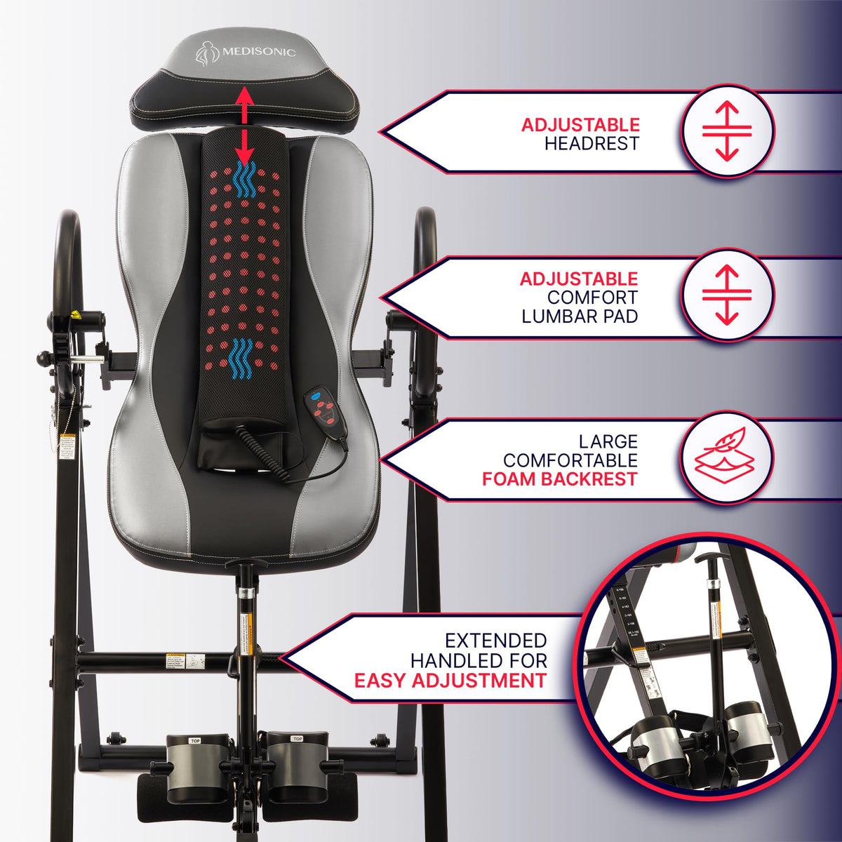 MediSonic Elite Inversion Table with Adjustable & Removable Lumbar Pad, Comfortable Ankle Security Cups, Multiple Inversion Angles, Heavy-Duty Frame, 300 lb Capacity, Gray