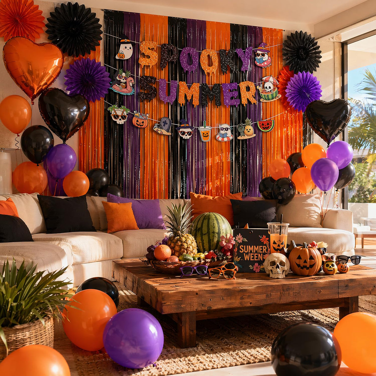 Gameza Summer Halloween Party Decorations - 27PCS Spooky Summer Halloween Banners Paper Fans Balloons Fringe Curtain Decor, Ghost Ween Vibes Holiday Party Supplies