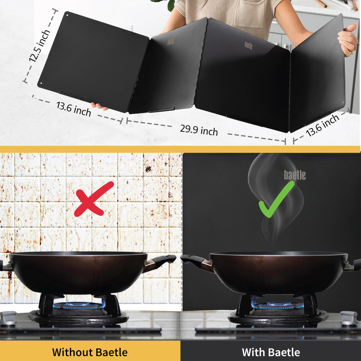 Foldable, Nonstick, Grease Splatter Guard for Stove Top by Baetle– Heavy-Duty Stainless Steel Oil Splash Shield, Premium Black Style, 29.5" Wide Back Panel, 13.6" Deep–with Spoon Rest