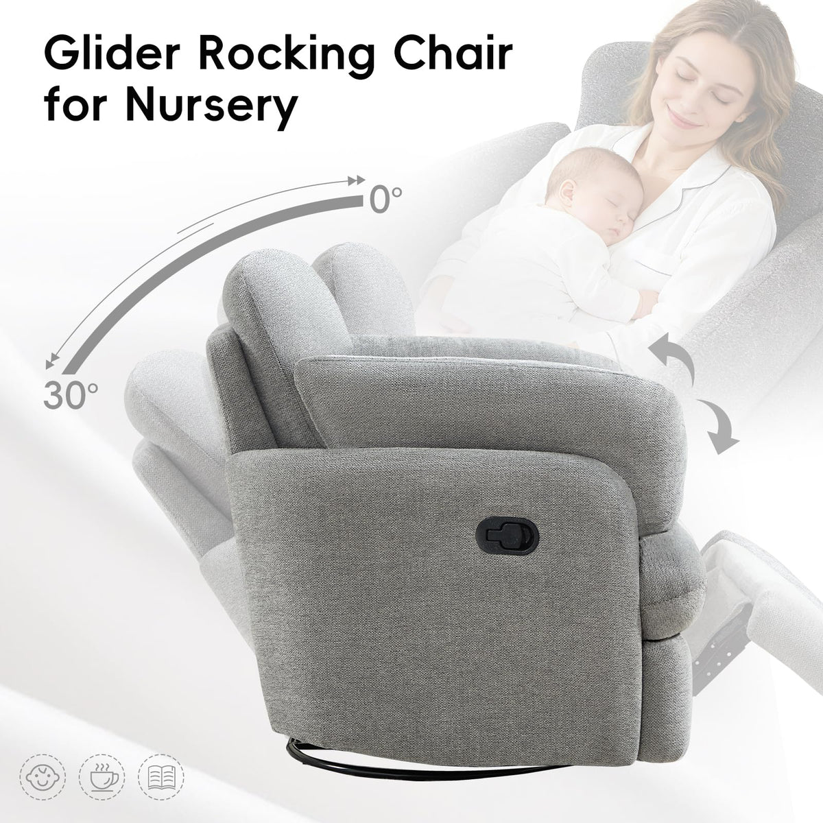 Bonzy Home Manual Recliner Chair, 360°Swivel Rocker Recliner Chair for Adults, Overstuffed Nursery Rocking Reclining Sofa with 2 Pillows and Hidden Storage, Light Grey