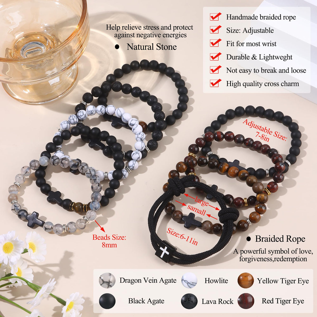 CASDAN 9Pcs Cross Prayer Bracelets for Men 8mm Christian Easter Basket Stuffers Cross Beaded Bracelet Inspirational Faith Based Religious Jesus Bracelets Gifts