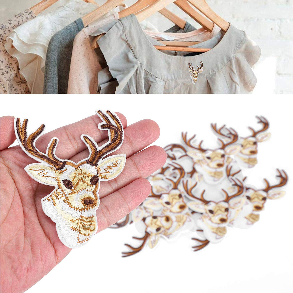 Fdit 12Pcs Delicate Sika Deer Head Patches Embroidered Cute Aesthetic Deer Embroidery Patches Iron on Patch Sew On Applique Patch Custom Backpack Patches for DIY Clothing Luggage