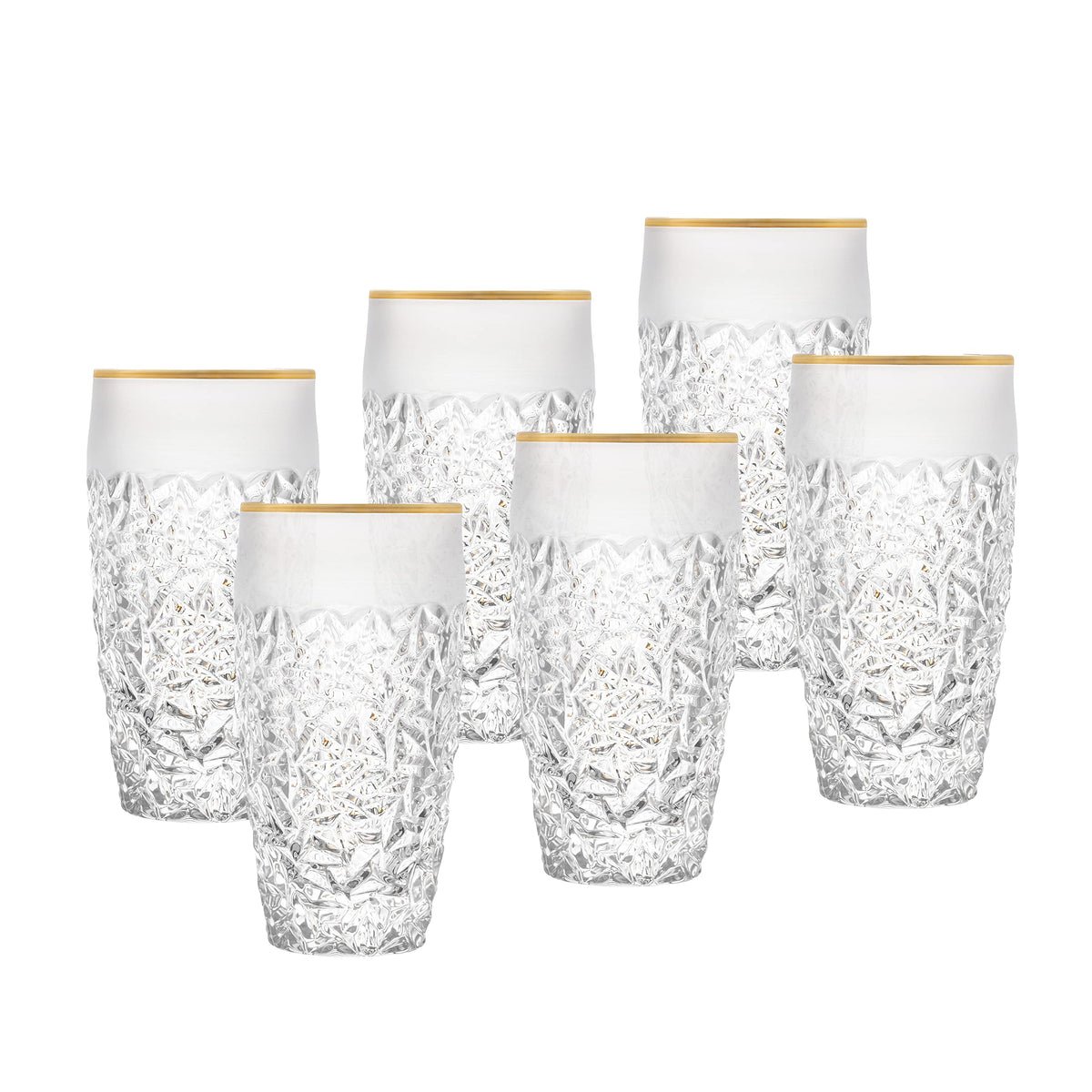 Barski - European Quality Glass - Crystal - Set of 6 - Highball - Hiball Tumblers - 16 oz. - Raindrop Design with Frosted Border and Gold Rim on Tumbler - Glasses are Made in Europe