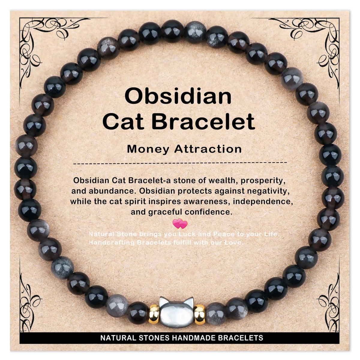 AD Beads 4mm Handmade Obsidian Cat Bracelet Elastic Bracelet – Natural Gemstone for Money Attraction – Meditation, Yoga, Healing and Energy Gift for Men Women