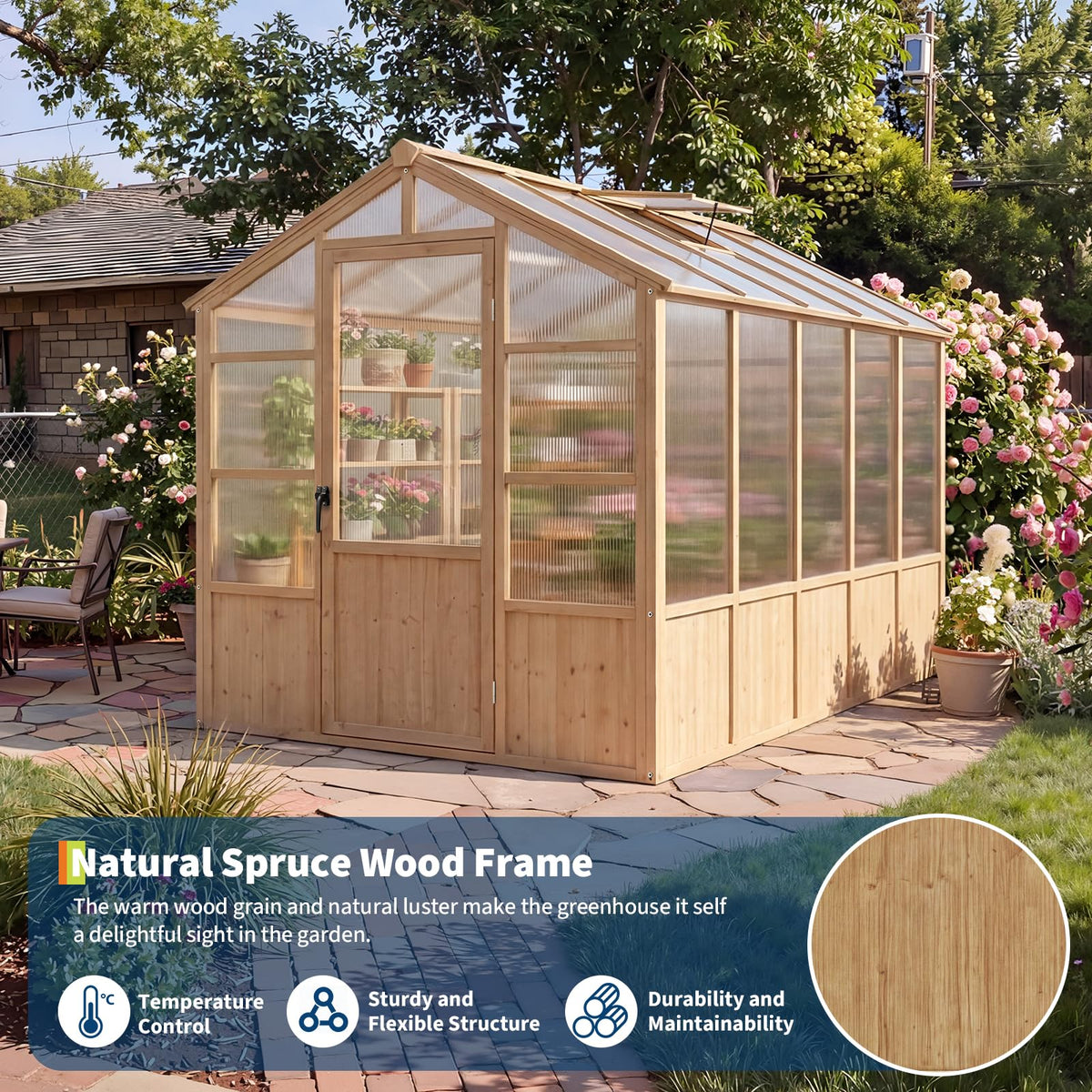 GarveeLife 6'x10' Wooden Greenhouse for Outdoor, Large Walk-in Greenhouse Kit with Ventilated Window, Door & Polycarbonate Panels, Heavy Duty Wood Frame Green House for Patio Garden Backyard
