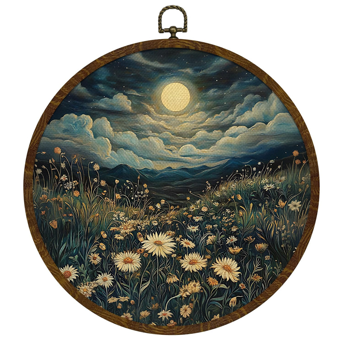 Moonlit Daisy Meadow Round Wall Art,10"x10" Romantic Nature Canvas Wall Hanging Decor with Frame, Rustic Night Landscape Wildflower Painting for Bedroom, Living Room, or Gift (FJ01)