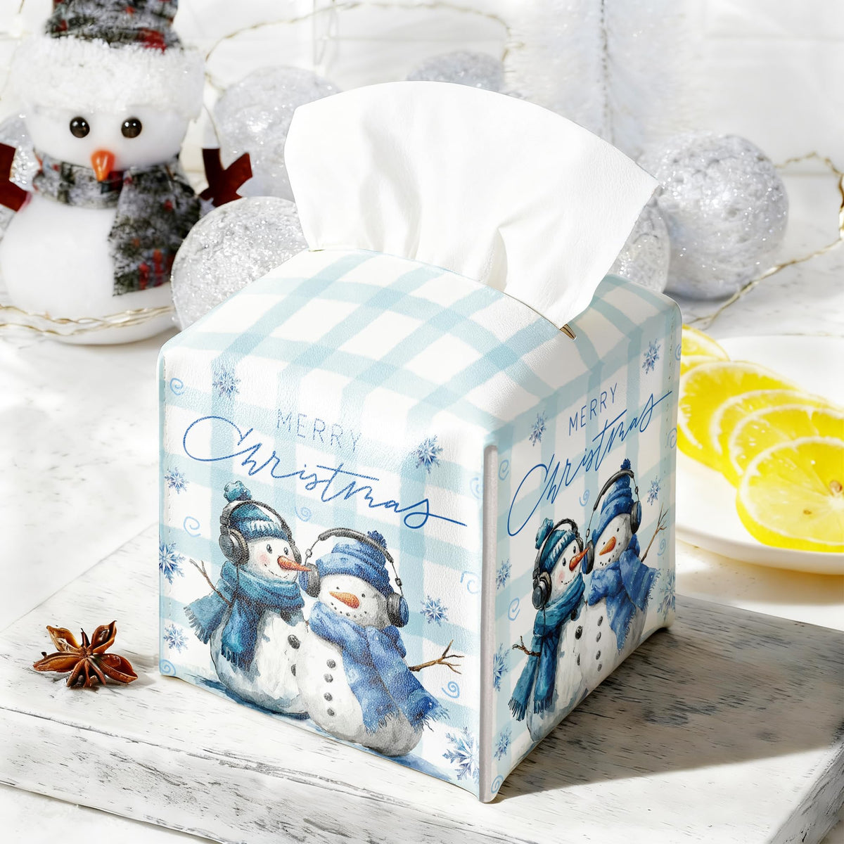 Christmas Snowman Box Cover Square, Blue Checkered Decorative Tissue Box Holder, Waterproof Leather Tissues Boxes Dispenser for Bathroom, Office, Car, Bedroom Nightstand, Home Decor