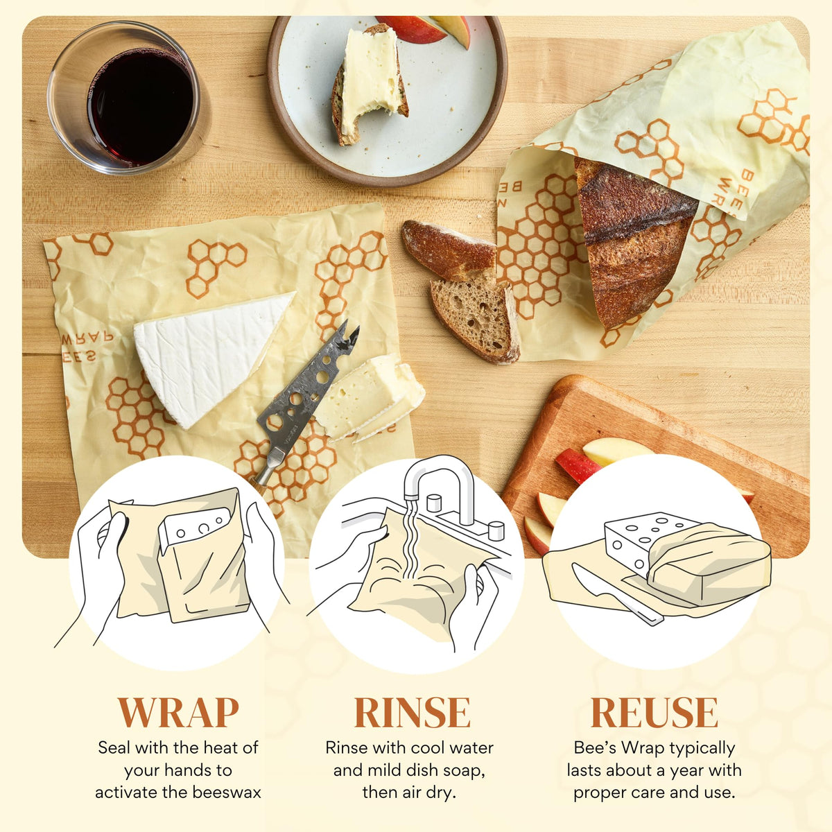 Bee's Wrap Beeswax Wraps for Bread - 2 Pack Beeswax Bread Wrap for Sourdough & Bread Storage - Plastic Free Made in USA Reusable Natural Food Wrap - & Honeycomb