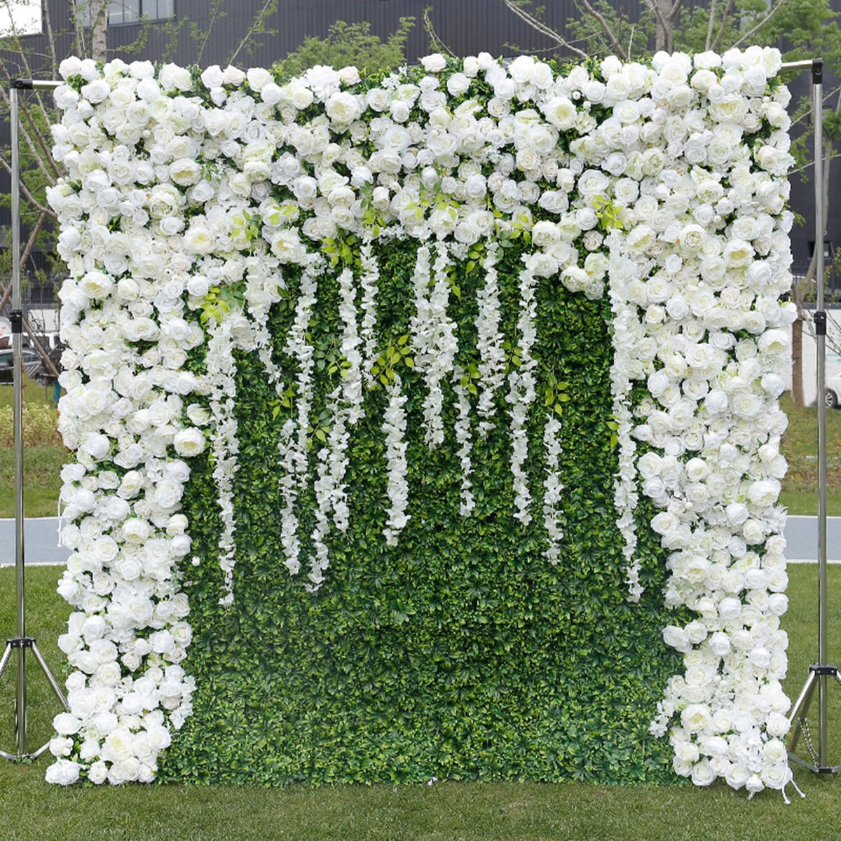 Handmade Green Lawn White Rose Wall Large Artificial Flower Wall Backdrop Panels,Rose Wedding Backdrop 3D Floral Wall Fabric Flower Wall For Party Baby Shower Bridal Wedding B,1m*1m/3.28*3.28FT