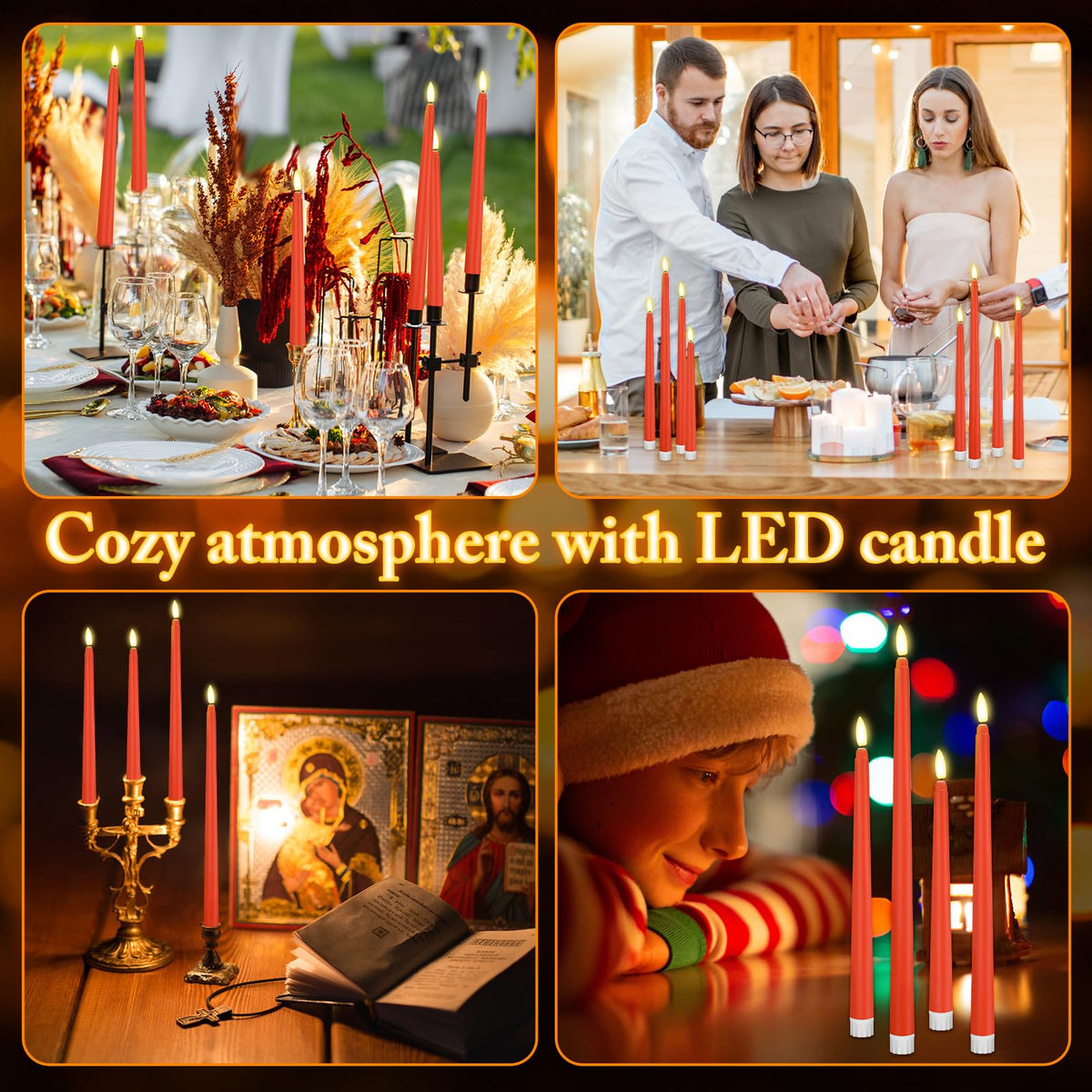Rossesay 28 Pcs Flameless Taper Candles with Timer Remote 4 Sizes of 8.5", 9.6", 10.83", 12.8" LED Flickering Taper Candles Battery Operated for Valentine's Day Church Wedding Home Decor(Orange)