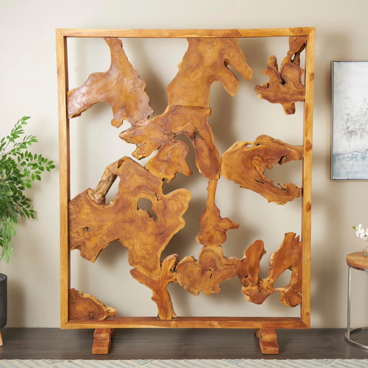 Deco 79 Teak Wood Handmade Partition Room Divider Screen Tall Live Edge Freestanding Privacy Screen with Large Tree Trunk Pieces, Room Partition 63" x 32" x 82", Brown