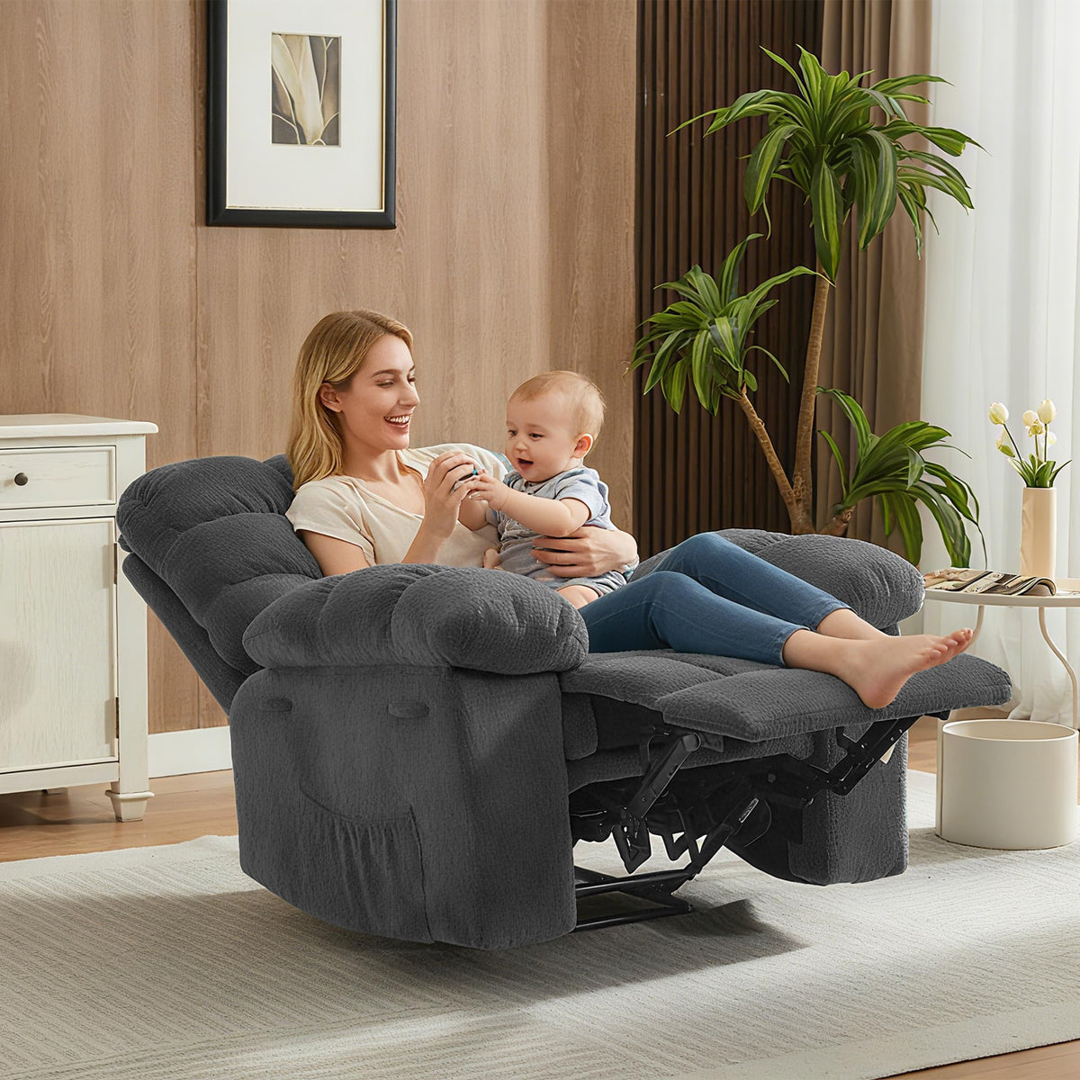 Garvee Manual Recliner Chair,Ergonomic Overstuffed Breathable Fabric Reclining Chair with Side Pockets,q235 Steel Frame Lazy Boy Recliner Single Sofa for Living Room Bedroom
